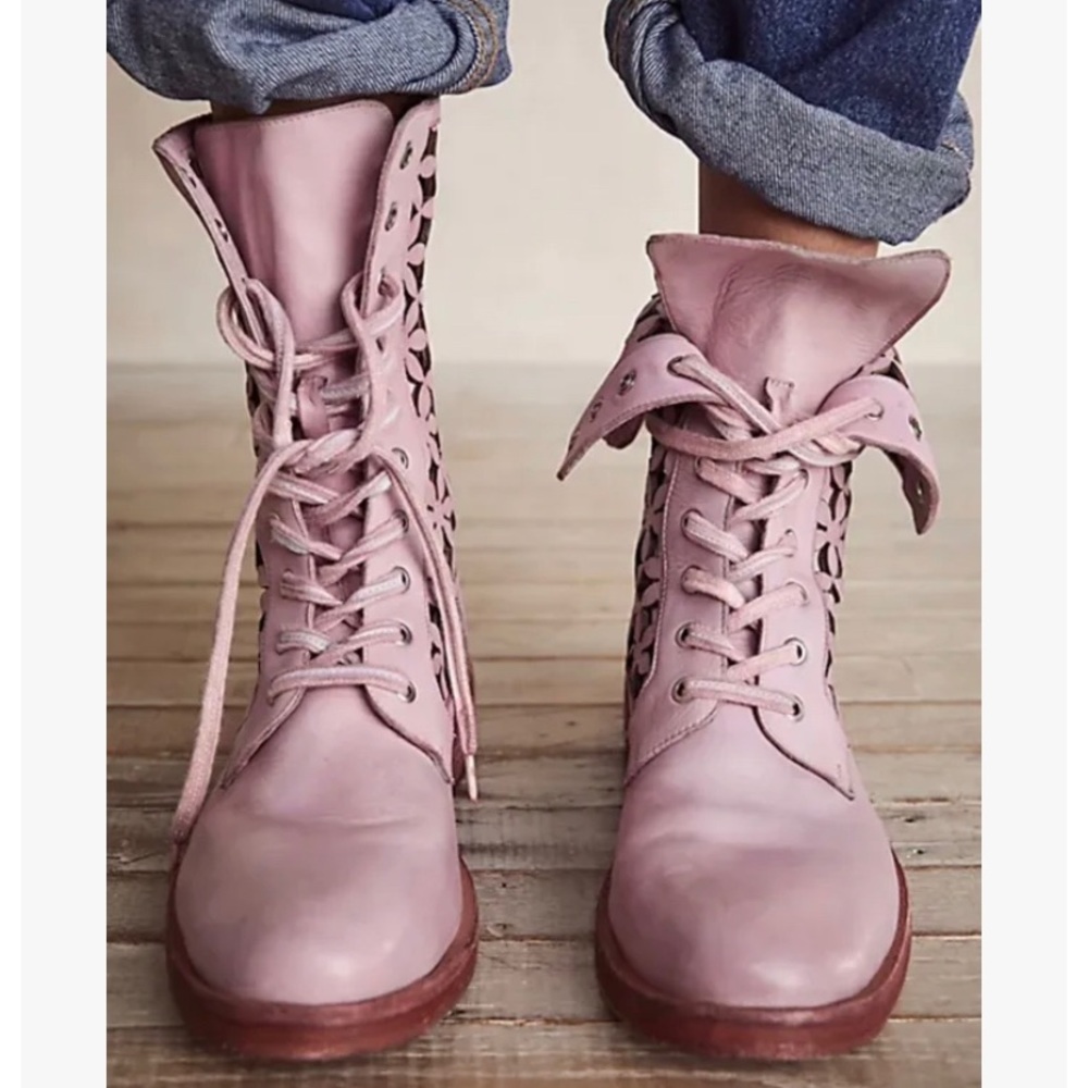Free People Flower Power Lace-up Festival Ankle Boots Pink Combat Sz 36 US 6 - Picture 12 of 16